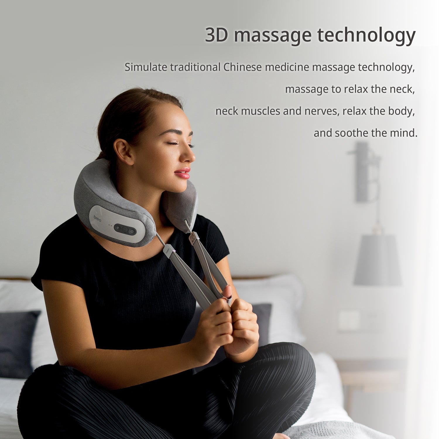 Woman using Breo iNeck 3 Pro neck massager for neck relaxation Breo iNeck 3 Pro Neck Massager - us.breo.com - best-breo-massagers