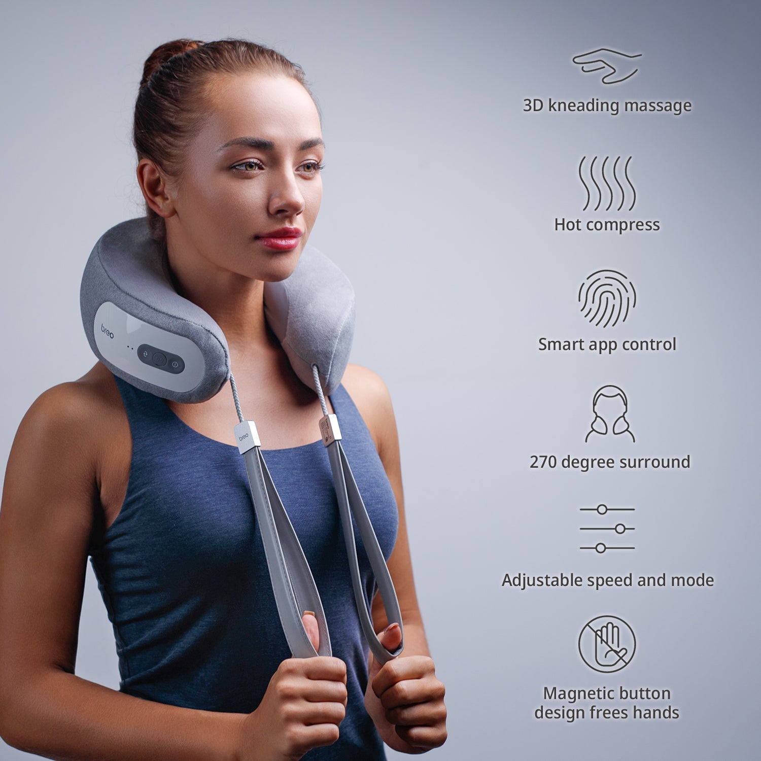 Woman wearing Breo iNeck 3 Pro neck massager with features like 3D kneading and hot compress. Breo iNeck 3 Pro Neck Massager - us.breo.com - best-breo-massagers